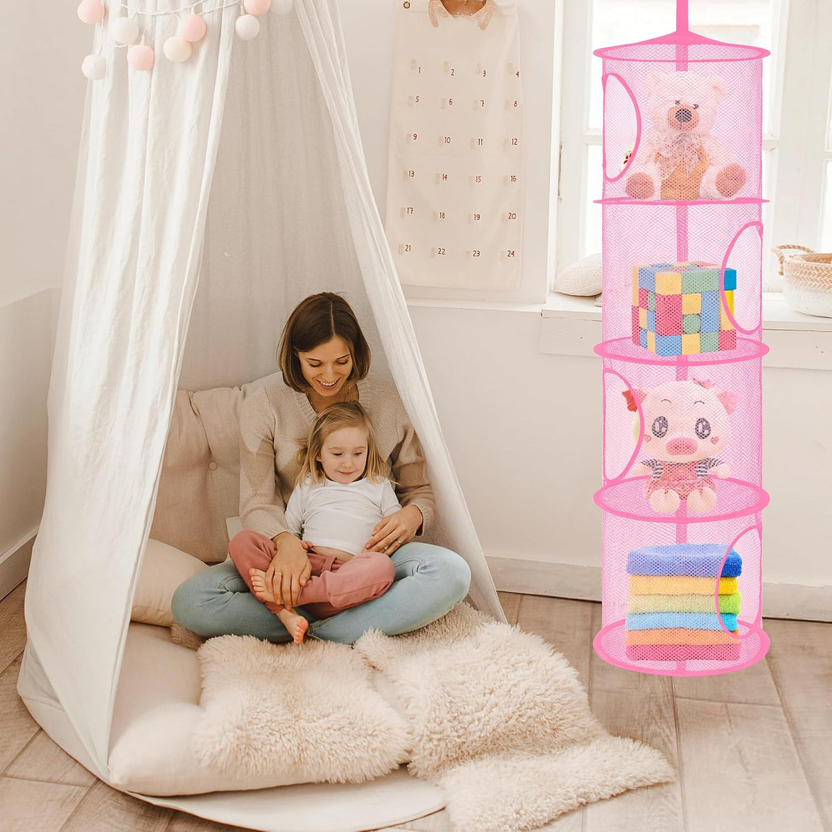 Libeder Mesh Hanging Storage Space Saver Bags Organizer,Foldable Storage Organizer 4 Compartments Toy Storage Basket for Kids Room Bathroom 2 Sets Pink