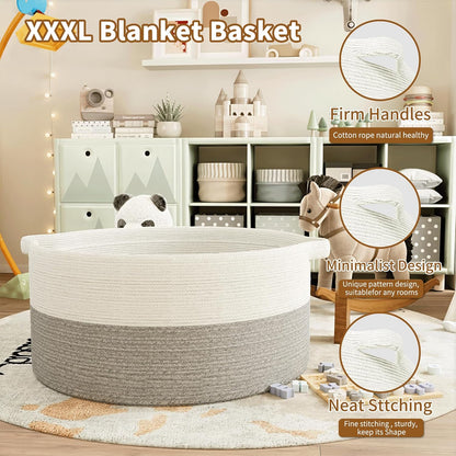 125L Extra Large Blanket Basket, 25" x 16", Jumbo Laundry Woven Baskets Decorative Home, Cotton Rope Basket with Handles, Baby Toy Baskets for Storage, White & Gray