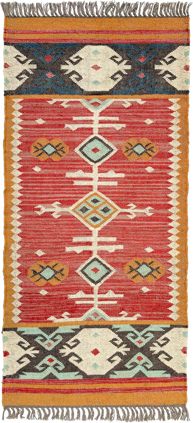 Jute Traditional Kilim Rug Boho Flatweave Area Rug for Living Room, Living Room Entryway, Tribal Series, 2'x8'