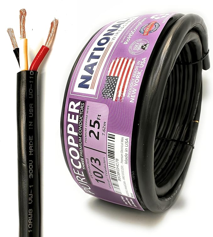 NATIONAL Wire & Cable – 10 AWG 3-Conductor Premium Copper Wire, 25 ft, Stranded