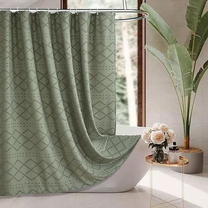 Siiluminisoy Extra Long Sage Green Boho Shower Curtain, 72 x 84 Tufted Chevron Textured Striped Modern Farmhouse Minimalist Cloth Shower Curtain for Bathroom