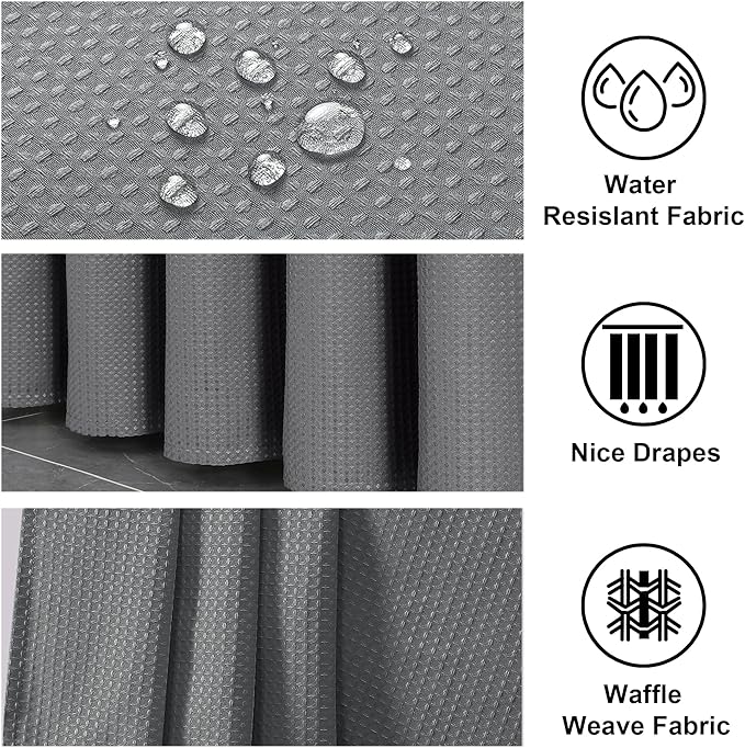 OWENIE Grey Shower Curtain 84 Inches Extra Long, Waffle Weave Heavy Fabric Shower Curtain for Bathroom, Waterproof Soft Hotel Spa Luxury Elegant Bath Curtains, Machine Washable, Grey, 72x84 Inch