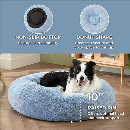 Bedsure Calming Dog Bed for Large Dogs - Donut Washable Large Pet Bed, Anti-Slip Round Fluffy Plush Faux Fur Dog Bed, Fits up to 80 lbs Pets, Light Blue, 36 inches