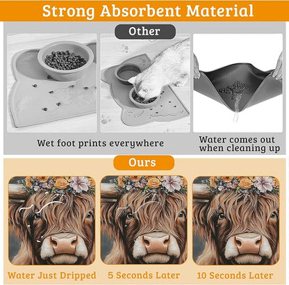 Highland Cow Feeding Mat, Absorbent Quick-Dry Cat Dog Food and Water Bowl Mats,Non-Slip Rubber Backing Mat,Cat Dog Accessories Supplies 12" x 20"