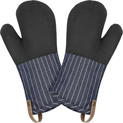 Cuisinart Heritage Kitchen Oven Mitts – Heat-Resistant Mitts for Oven with Non-Slip Neoprene Palm, Long Cuff, and Cotton Filling – Durable Oven Gloves for Cooking, Baking & Grilling (Denim Pinstripe)