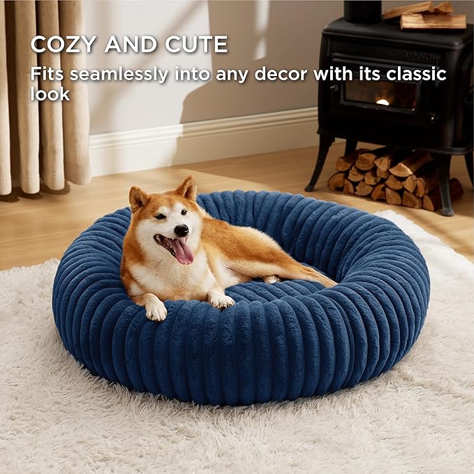 Bedsure Donut Large Dog Bed - Washable Faux Fur, Corduroy Fleece & Anti Slip Bottom, Round Pet Beds with Removable Cover, Night Blue, 36x36x8 inches
