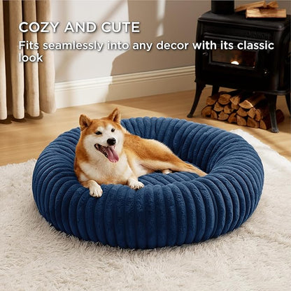 Bedsure Donut Large Dog Bed - Washable Faux Fur, Corduroy Fleece & Anti Slip Bottom, Round Pet Beds with Removable Cover, Night Blue, 36x36x8 inches