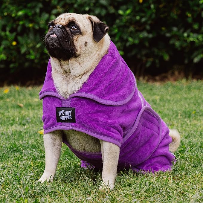 Tuff Pupper Fast Drying Dog Bath Robe | 800 GSM Plush Dog Towel Bathrobe/Dressing Gown | Super Absorbent Pet/Puppy Bathrobe | Adjustable Hood & Belly Strap | Super Soft | Fast Drying (S, Purple)