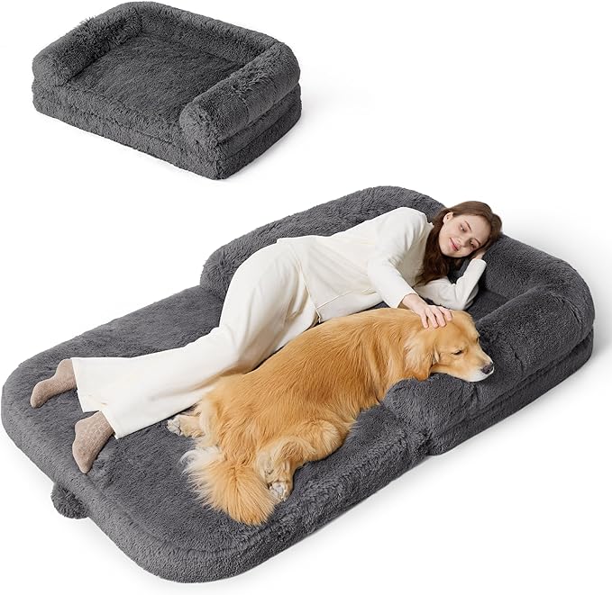 Bedsure Foldable Human Dog Bed - 2 in 1 Flexible Giant Human Dog Bed for Adult People with Supportive Bolster Egg Foam, Waterproof Liner, Calming Fluffy Faux Fur Orthopedic Big Bean Bed, Dark Grey