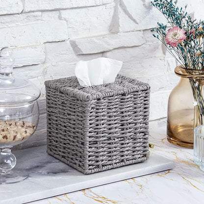 MyGift Gray Tissue Box Cover Square with Lid - Decorative Rattan Kleenex Holder, Woven Cube Tissue Holder for Bathroom Toilet Bedroom Living Room Kitchen Table Desk Office Car