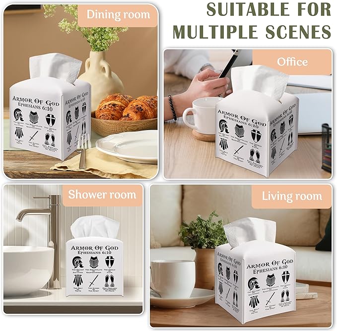 Christian Decorative Tissue Box Cover Square, Leather Tissue Box Dispenser, Bible Verse Inspirational Gift Ideas for Friends, Armor of God, Bathroom Office Desk Decor-(5.2 Inches)