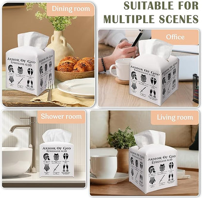 Christian Decorative Tissue Box Cover Square, Leather Tissue Box Dispenser, Bible Verse Inspirational Gift Ideas for Friends, Armor of God, Bathroom Office Desk Decor-(5.2 Inches)