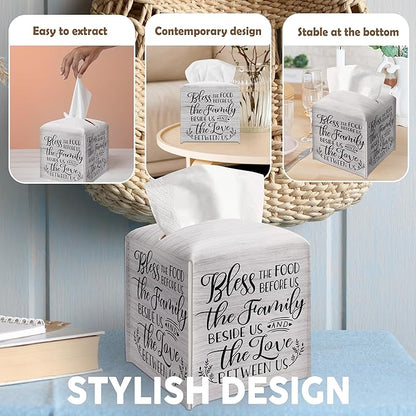 Christian Decorative Tissue Box Cover Square, Wood Pattern Leather Tissue Box Holder, Religious Gift Ideas for Family, Bless The Food Before Us, Bathroom Office Decor-(5.2 Inches)