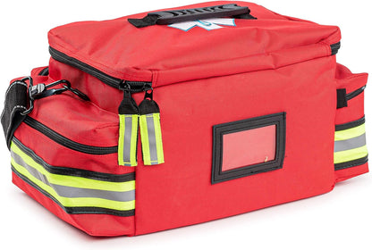 Scherber First Responder Fully-Stocked Professional Essentials EMT/EMS Trauma Kit | HSA/FSA Approved | Reflective Bag w/8 Zippered Pockets & Compartments & 200+ First Aid Supplies - Red