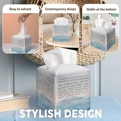 Christian Gifts Square Tissue Box Cover, Bible Verse Inspirational Quote Gift Ideas for Friends, Be Anxious for Nothing, Bathroom Office Decor, New Home Favor-(5.2 Inches)