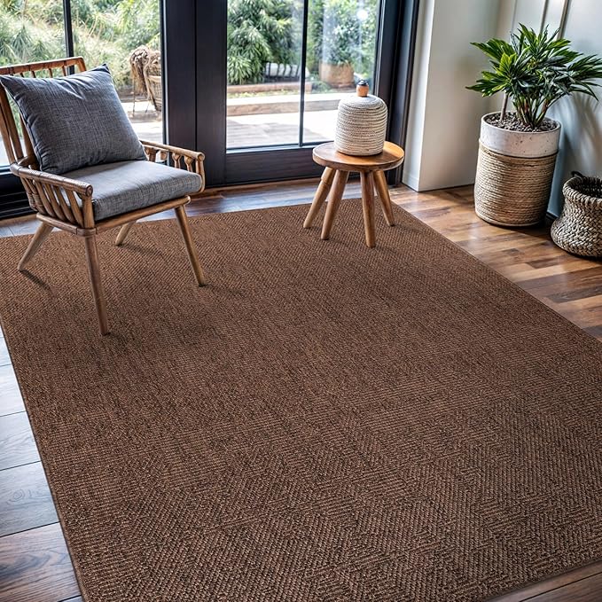 CAMILSON Easy Jute Rug 10x14, Indoor Outdoor Brown Color Fiber Area Rugs for Living Room Patio and Kitchen Rug, Solid Boho Woven Design, Easy-Cleaning, Washable Outside Carpet Alfombras (10 x 14)