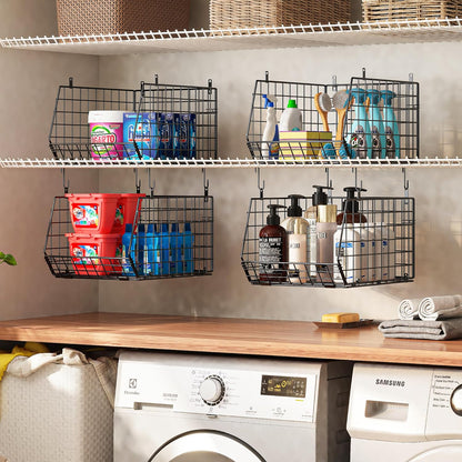 4" Extra Deeper Hanging Closet Organizers and Storage,4 Tier Foldable Wire Cabinet Shelves with 5 S Hooks,Small Metal Basket Bins for Clothes Sweaters Handbags, Wardrobe for Kitchen Laundry Room，Black