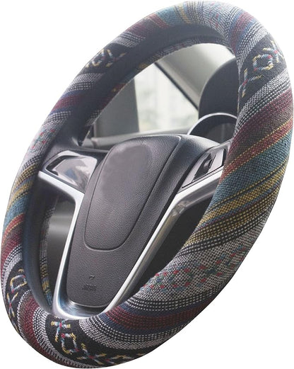 Medium Ethnic Style Coarse Flax Cloth Automotive Steering Wheel Cover Anti Slip and Sweat Absorption Auto Car Wrap Cover (14.5''-15'',E)