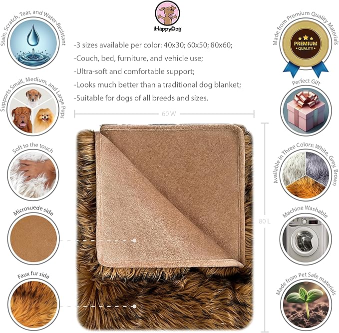 Waterproof Dog Blanket for Small, Medium & Large Dogs – Faux Fur Pet Throw for Couch, Sofa, Bed & Car – Soft, Washable, Stain-Resistant, Durable Cover - Brown 80" x 60"