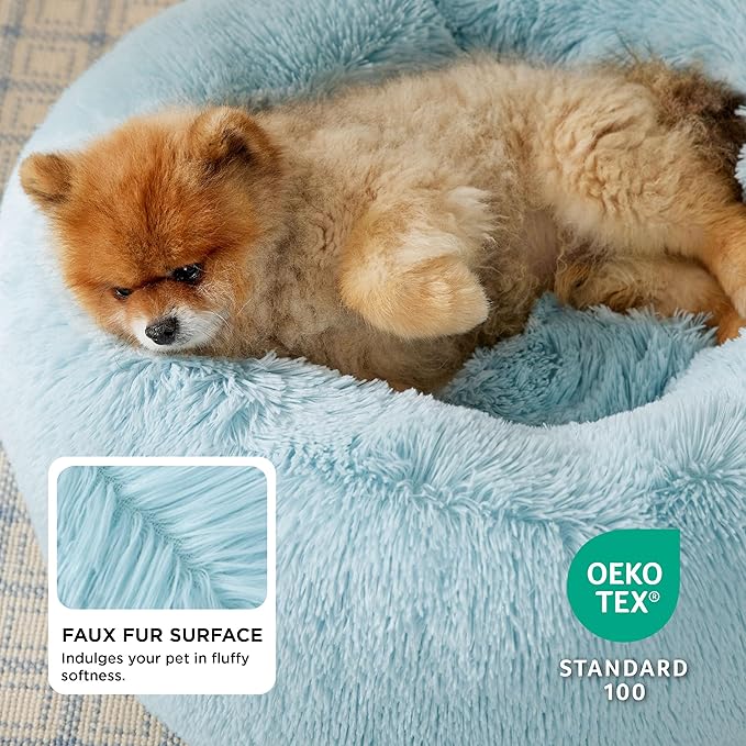 Bedsure Calming Dog Bed for Small Dogs - Donut Washable Small Pet Bed, 23 inches Anti-Slip Round Fluffy Plush Faux Fur Large Cat Bed, Fits up to 25 lbs Pets, Aqua Blue
