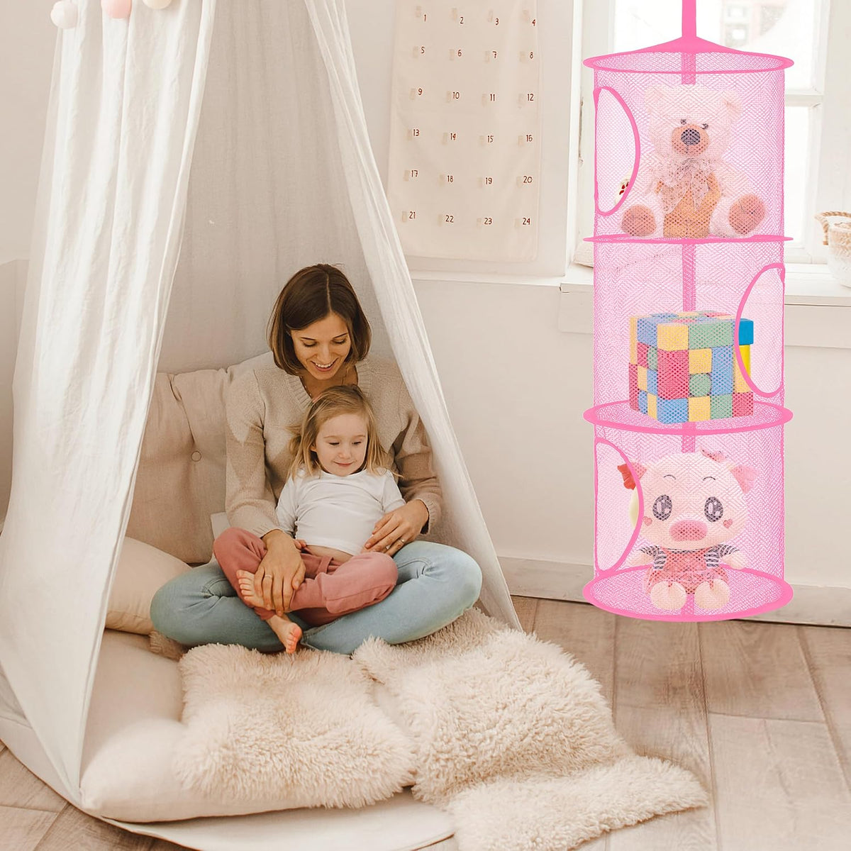 Libeder Mesh Hanging Storage Space Saver Bags Organizer,Foldable Storage Organizer 3 Compartments Toy Storage Basket for Kids Room Bathroom 2 Sets Pink