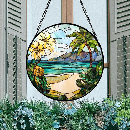 DASTOLL Stained Glass Window Hanging 4 Pcs Set Blue Ocean Coconut Tree Scenery