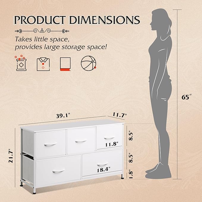 WLIVE Dresser for Bedroom with 5 Drawers, Wide Chest of Drawers, Fabric Dresser