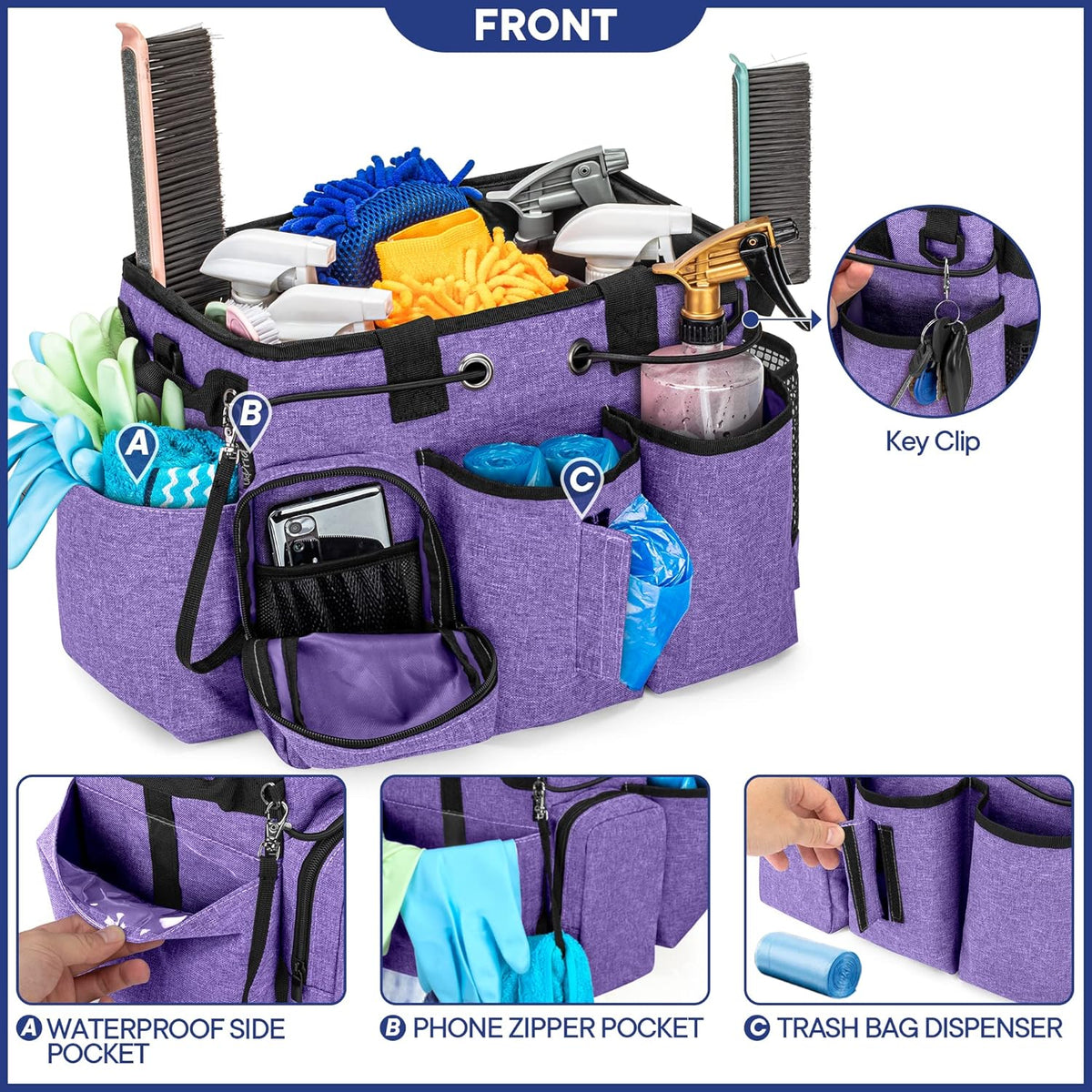 LoDrid Large Professional Cleaning Caddy with Detachable Divider, Supply Organizer with Handle and Shoulder Strap, Cleaning Bags for Housekeepers & Cleaners, Purple