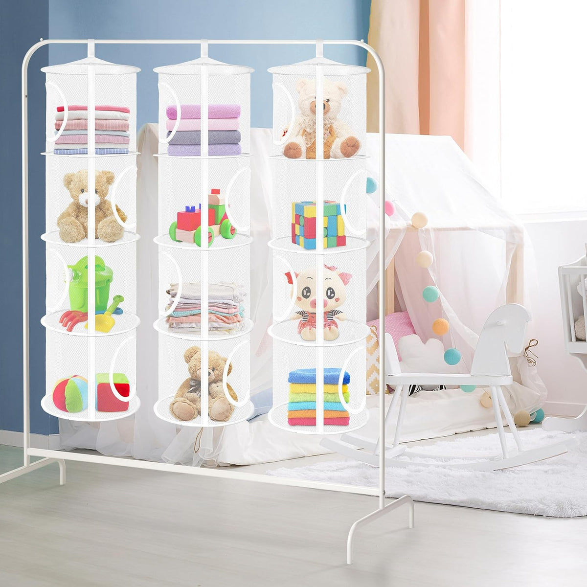 Libeder Mesh Hanging Storage Space Saver Bags Organizer,Foldable Storage Organizer 4 Compartments Toy Storage Basket for Kids Room Bathroom 3 Sets, White