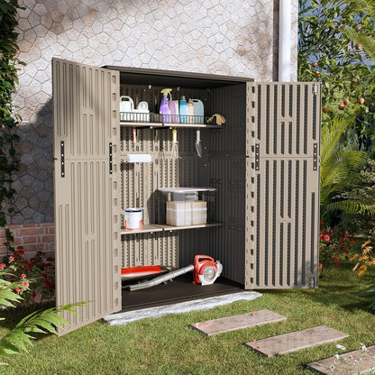 HOMSPARK Outdoor Storage Shed Weather Resistance, Patio Storage Cabinet Lockable Resin Tool Shed for Storage of Bike, Trash Cans, Garden Tools (Shallow Coffee, 66 Cu.ft)