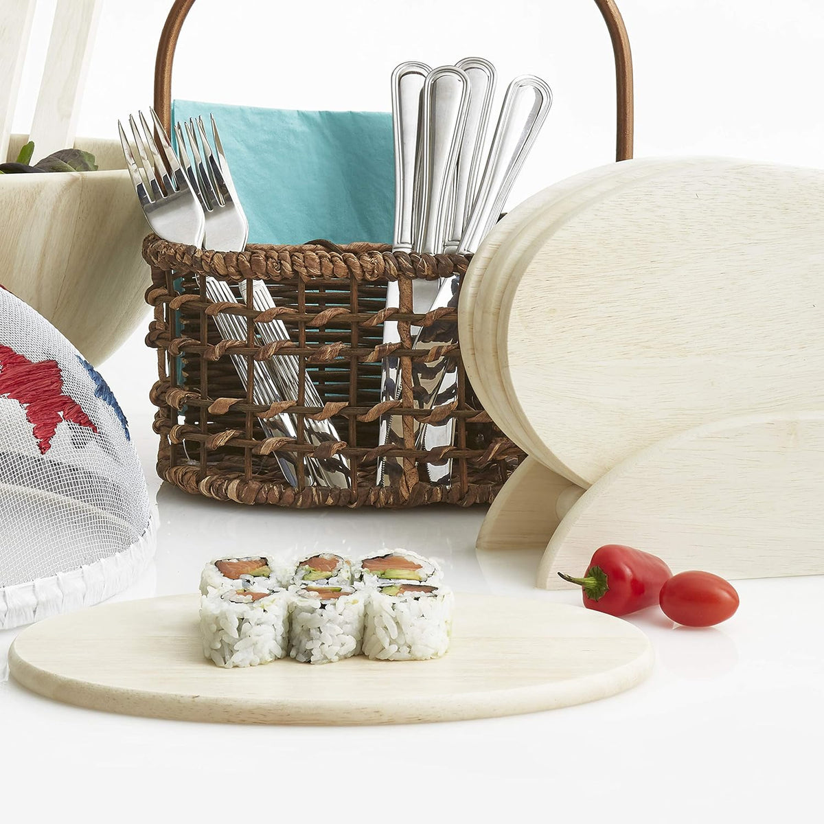 6 Whitewash Wood Serving Boards with Stand, Perfect for Serving, Sushi, Cheese, Hors d'oeuvre, Charcuterie, Sandwiches by Woodard & Charles, 7 Piece Set, 9 1/2" x 6 1/2"