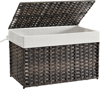 SONGMICS Storage Basket with Lid, Woven Blanket Storage Bin with Handles, Foldable, Removable Liner, Metal Frame, for Bedroom, Laundry Room, 27.7 Gallons (105 L), Brown URST066K01