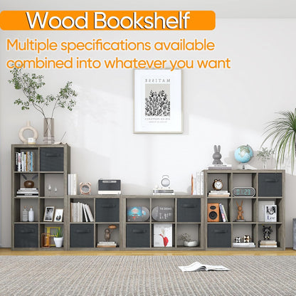 furtble Bookshelf with Storage Bins, 12-Cube Storage Organizer, Modern Wood Open Bookcase, Multifunctional Display Shelf for Living Room, Bedroom, Home Office, Gray Oak