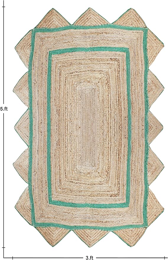 Scalloped Jute Rug, Hand Woven Runner Area Rug, 4x10 Ft Beige & Green Braided Natural Sisal Kilim Rugs for Living Room, Kitchen, Entryway, Farmhouse