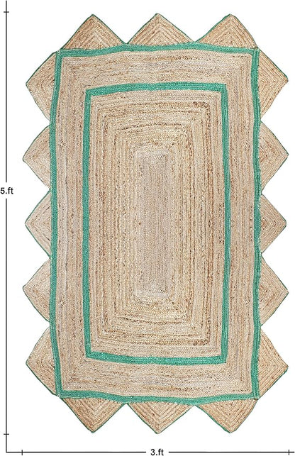 Scalloped Jute Rug, Hand Woven Runner Area Rug, 4x10 Ft Beige & Green Braided Natural Sisal Kilim Rugs for Living Room, Kitchen, Entryway, Farmhouse