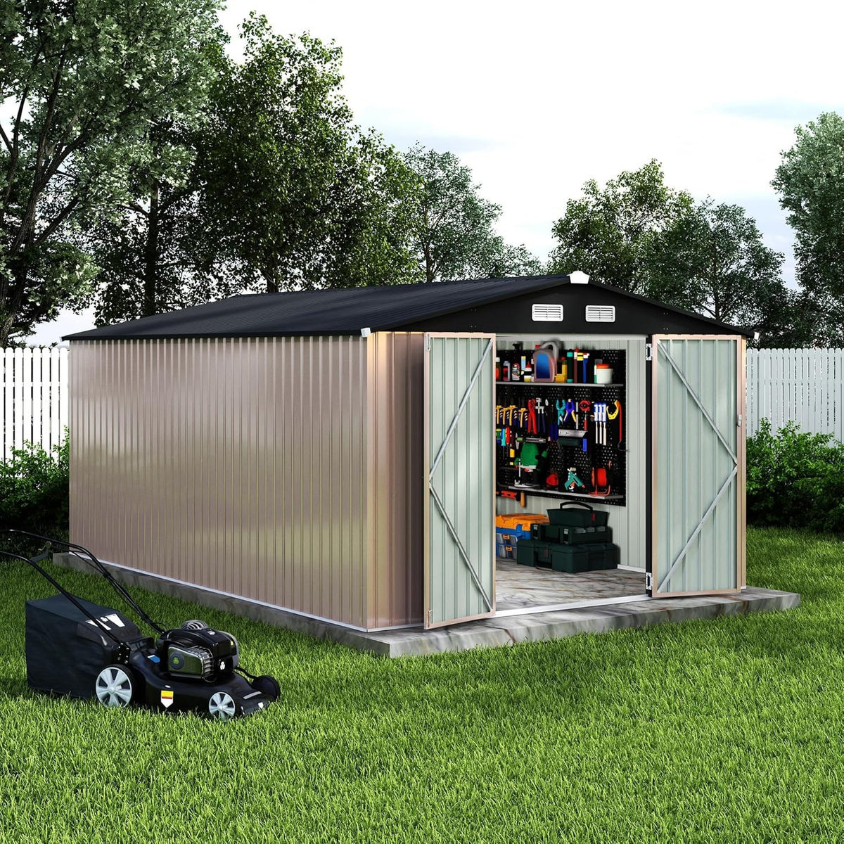 10x14 FT Metal Storage Sheds Outdoor, Metal ToolShed with Lockable Door, Metals Yard Sheds Metals Garden Shed Kit, MetalUtility Sheds Buildings with Air Vent for Backyard Garden Patio Lawn