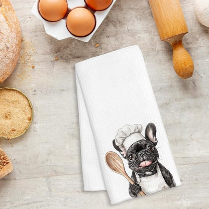 Funny French Bulldog Chef Kitchen Towels, Frenchie Gifts for Women Men, Gifts for Chef, Funny Frenchie Dog Decorative Dish Hand Tea Towels for Kitchen Bakery, 16x24 Inch
