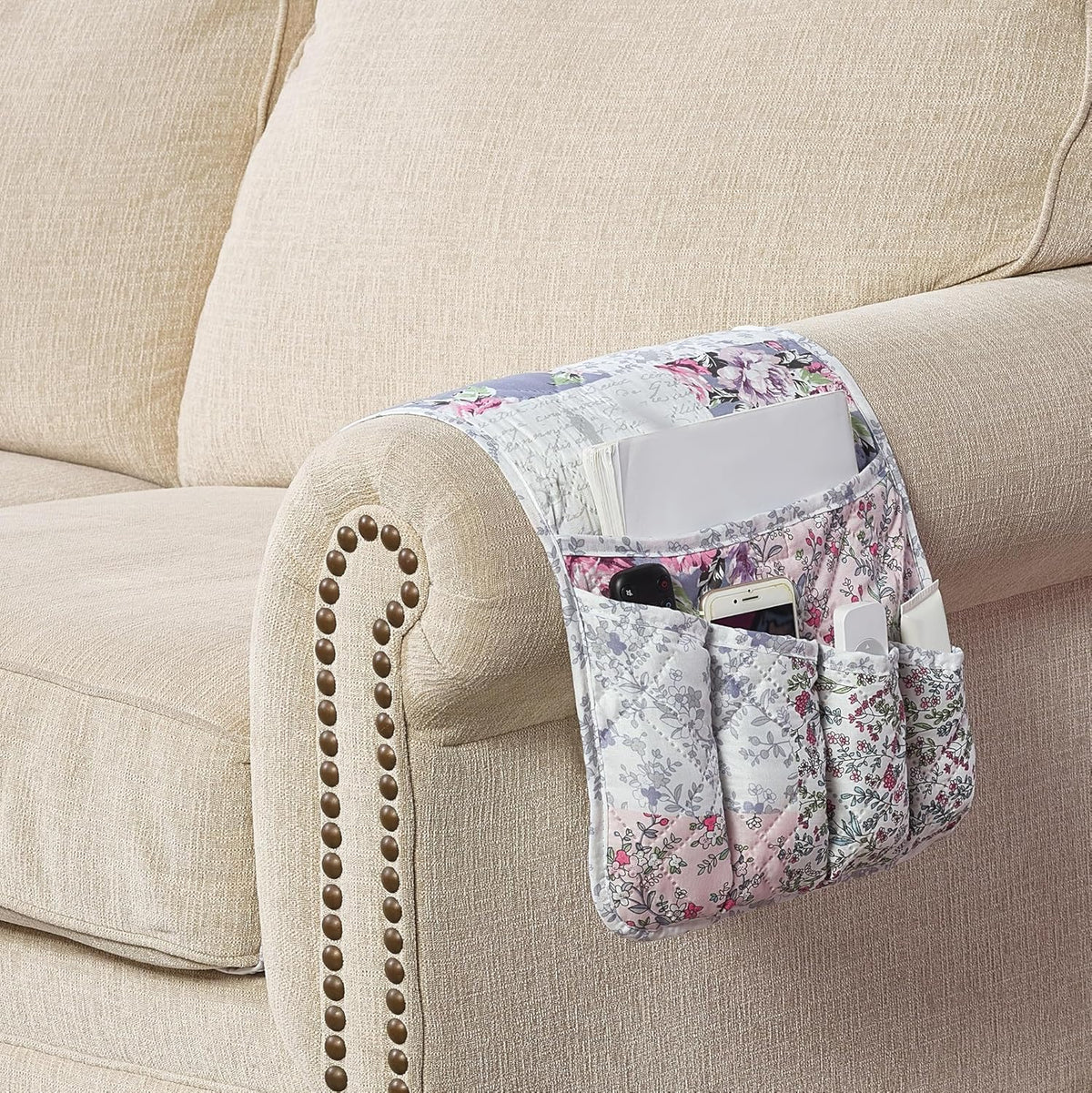 Brilliant Sunshine Rose Toile Couch Sofa Armrest 5 Pockets Organizer, Slip Resistant Recliner Armchair Caddy, Washable Remote Controls Holder, Storage for Magazine, Tablet, iPad, 35×13", Blue Pink