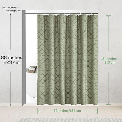 Siiluminisoy Extra Long Sage Green Boho Shower Curtain, 72 x 84 Tufted Chevron Textured Striped Modern Farmhouse Minimalist Cloth Shower Curtain for Bathroom