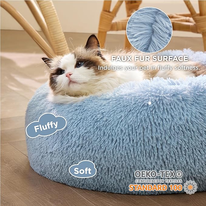 Bedsure Calming Cat Beds for Indoor Cats - Small Washable Round Cat Bed, Anti-Slip Fluffy Plush Faux Fur Pet Bed, Fits up to 15 lbs Pets,Light Blue, 20 inches