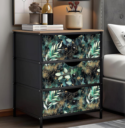 HAOKHOME Self Adhesive Shelf Liner and Drawer Liner Black Floral, Peel and Stick Cabinet Liners, Kitchen Cabinets and Cupboard, Bathroom Drawers, Black/Green/Matte Gold 17.3in x 6.5ft