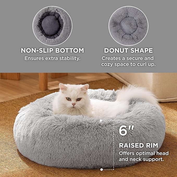 Bedsure Calming Cat Beds for Indoor Cats - Small Cat Bed Washable 20 inches, Anti-Slip Round Fluffy Plush Faux Fur Pet Bed, Fits up to 15 lbs Pets, Pale Grey