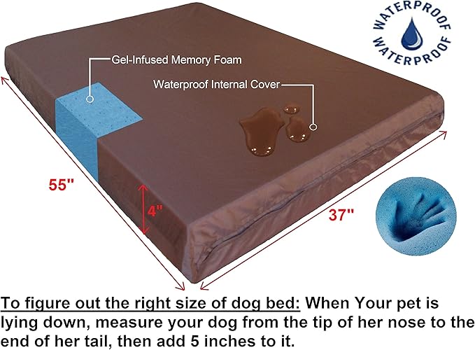 Dogbed4less Orthopedic XXL Memory Foam Dog Bed for Large Pet, Waterproof Liner, Brown Denim Cover, Gel Cooling 55X37X4 Pad Fit 54X37 Crate
