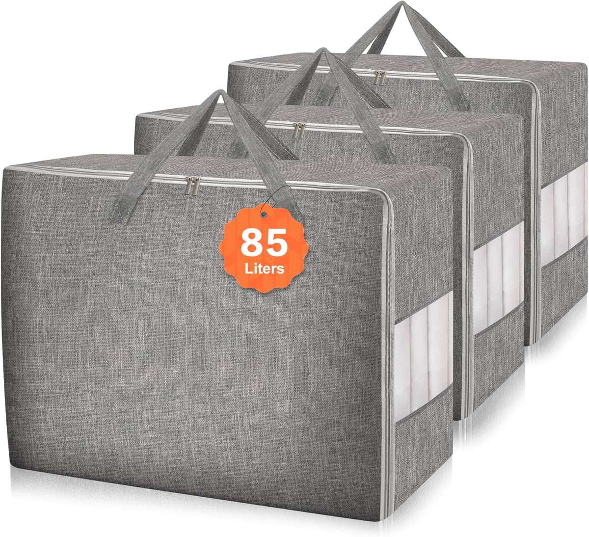 3 Pack 85L Comforter Storage Bags, Extra Large Bedding Storage Bags with Sturdy Zipper and Reinforced Handle, Clear Window, Moving Closet Organizers for Comforters and Blankets, Pillows