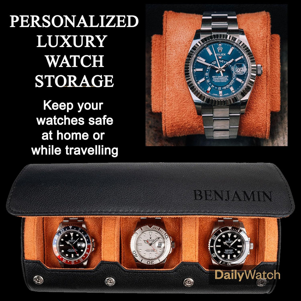 DailyWatch | Personalized Watch Roll Travel Case For 3 Watches - Handmade Genuine Leather Travel Case With Custom Engraving of Name or Initials - Black Orange