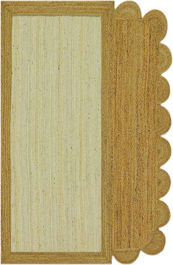 Scalloped Edge Rug, Hand Woven Natural Jute Area Rug, 4x7 Ft Beige & Brown Braided Sisal Kilim Rugs for Living Room, Kitchen, Entryway, Farmhouse