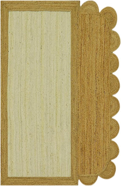 Scalloped Edge Rug, Hand Woven Natural Jute Area Rug, 4x7 Ft Beige & Brown Braided Sisal Kilim Rugs for Living Room, Kitchen, Entryway, Farmhouse