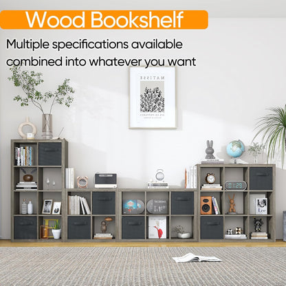 Bookshelf with Storage Bins, 9-Cube Storage Organizer Sturdy Wooden Bookcase Open Book Shelf, Multifunctional Cubicle Rack for Storage & Display, Furniture for Living Room Bedroom Office, Gray Oak