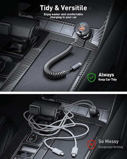 iPhone 17e 17 16 15 Pro Max Car Charger Fast Charging, 3-Port 90W Fast USB C Car Charger Adapter Cigarette Lighter with 4FT Coiled USB C Cable for iPhone 17e/17/17 Pro Max/Air/16/15 Pro/Plus, iPad