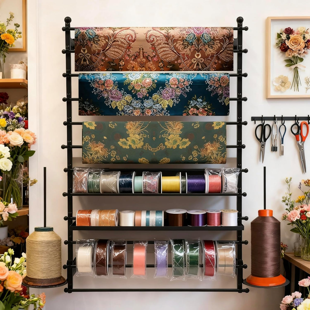 12 Layers 80cm Black Wall Display Stand Wrapping Paper Ribbon Organizer Tie Scarf Rack Belt Towel Holder Spool Hijab Stand Metal Shelving for Home, Retail Stores, Flower Shop, Studio, Sewing